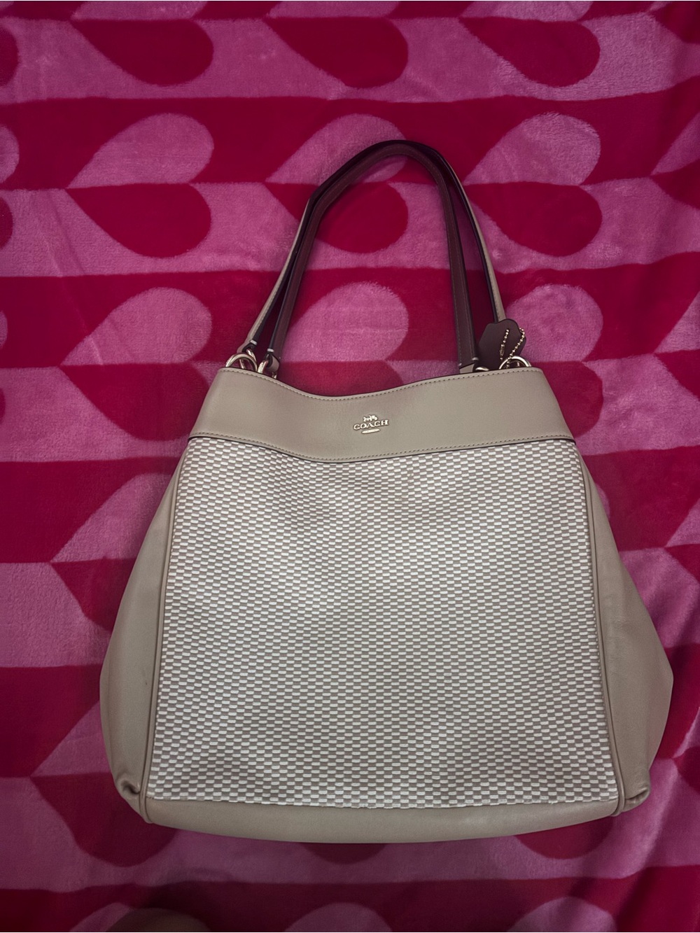 Coach Cream Large Legacy Lacy Pebble Leather Shoulder Tote with Woven Front
